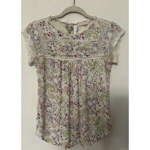 anthropologie Meadow Rue Floral Print With Lace SS Top Womens XS